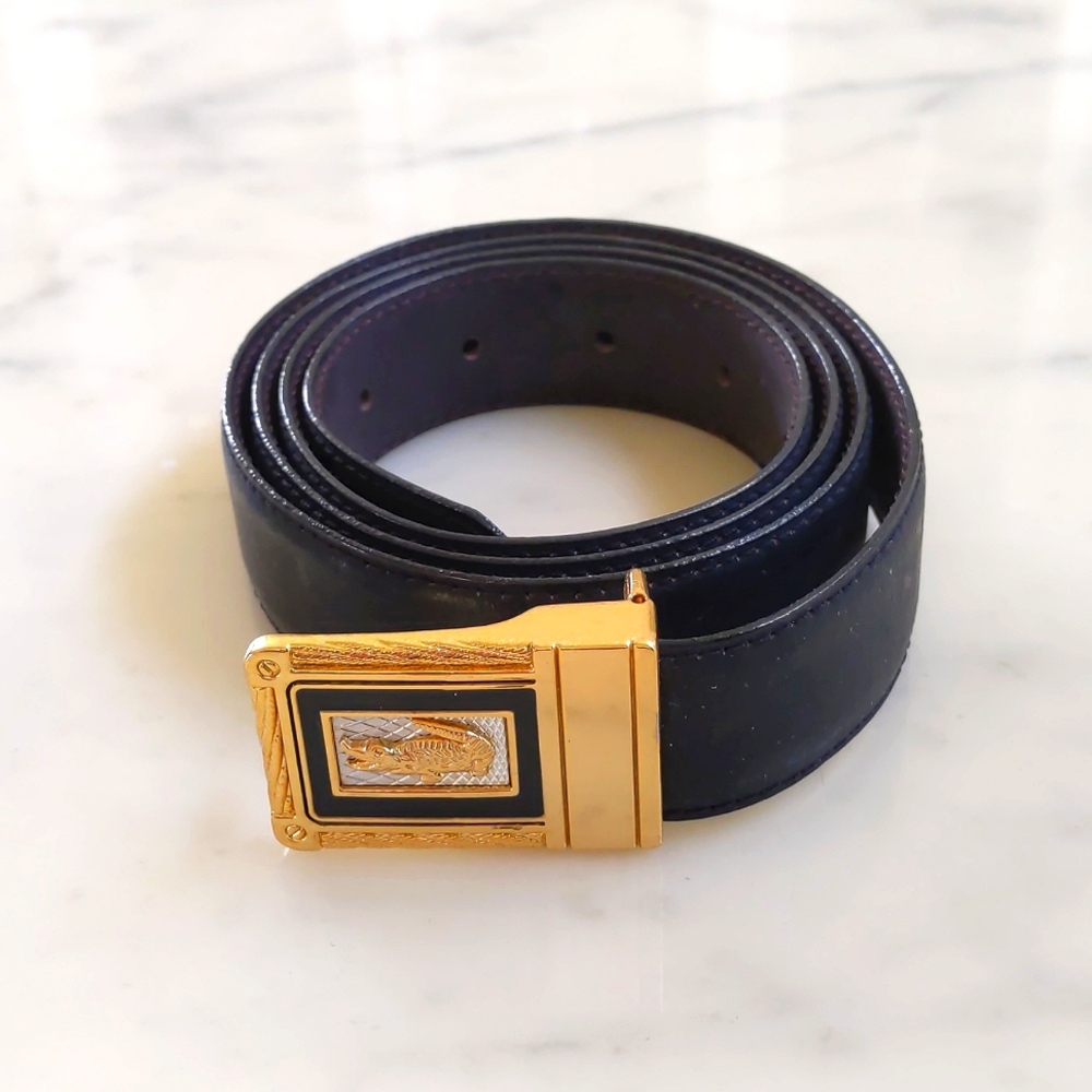 Vintage Crocodile International Gold Crocodile Logo Designed Buckle Leather Belt
